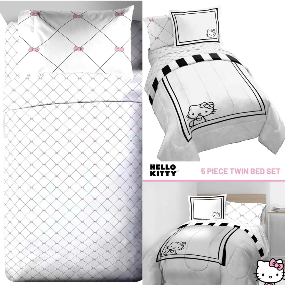 Hello Kitty 5 Piece Twin Comforter Set Includes Sheets & Pillow Cover - White